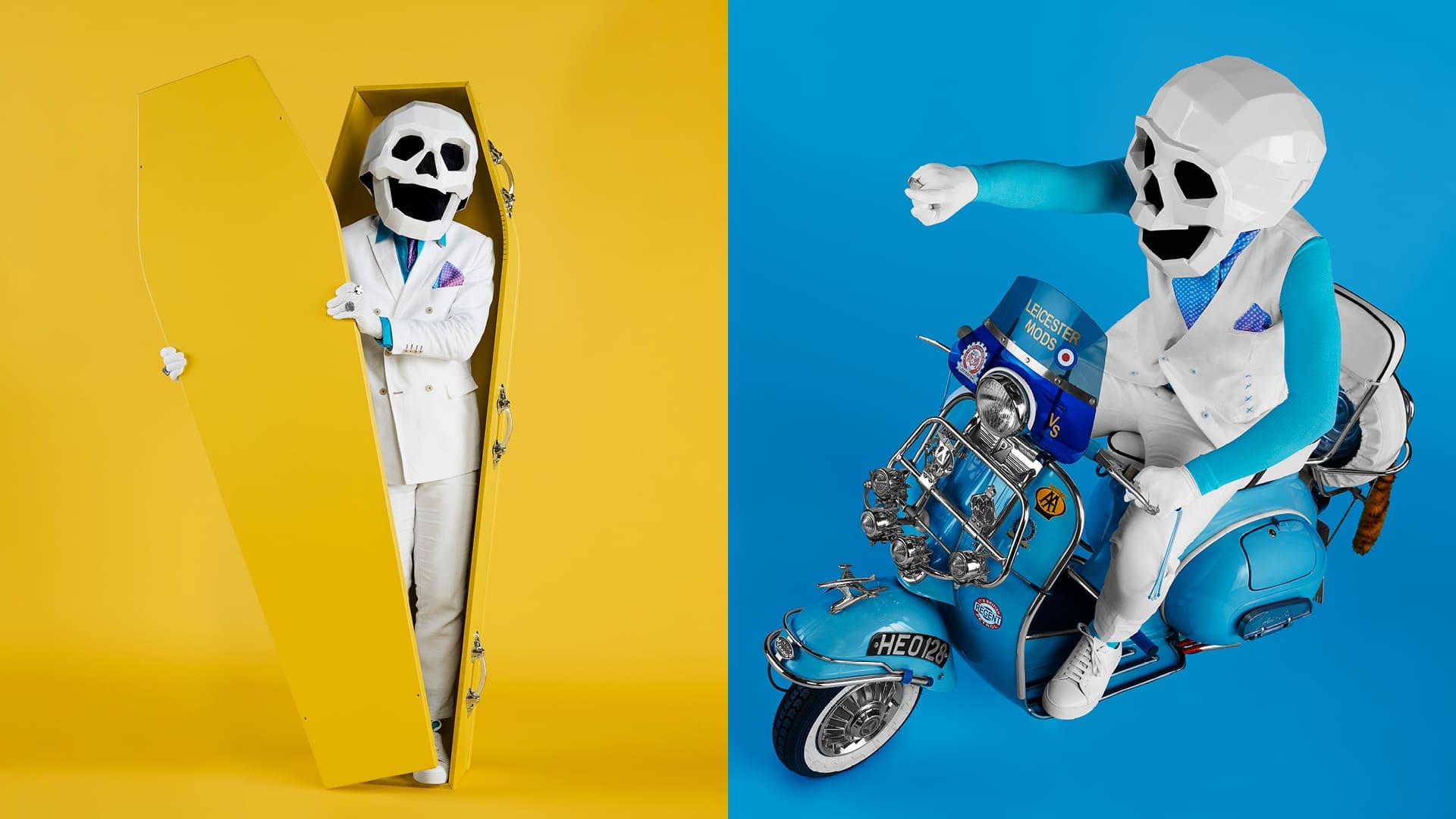 A skeleton in his big yellow coffin and riding a vespa