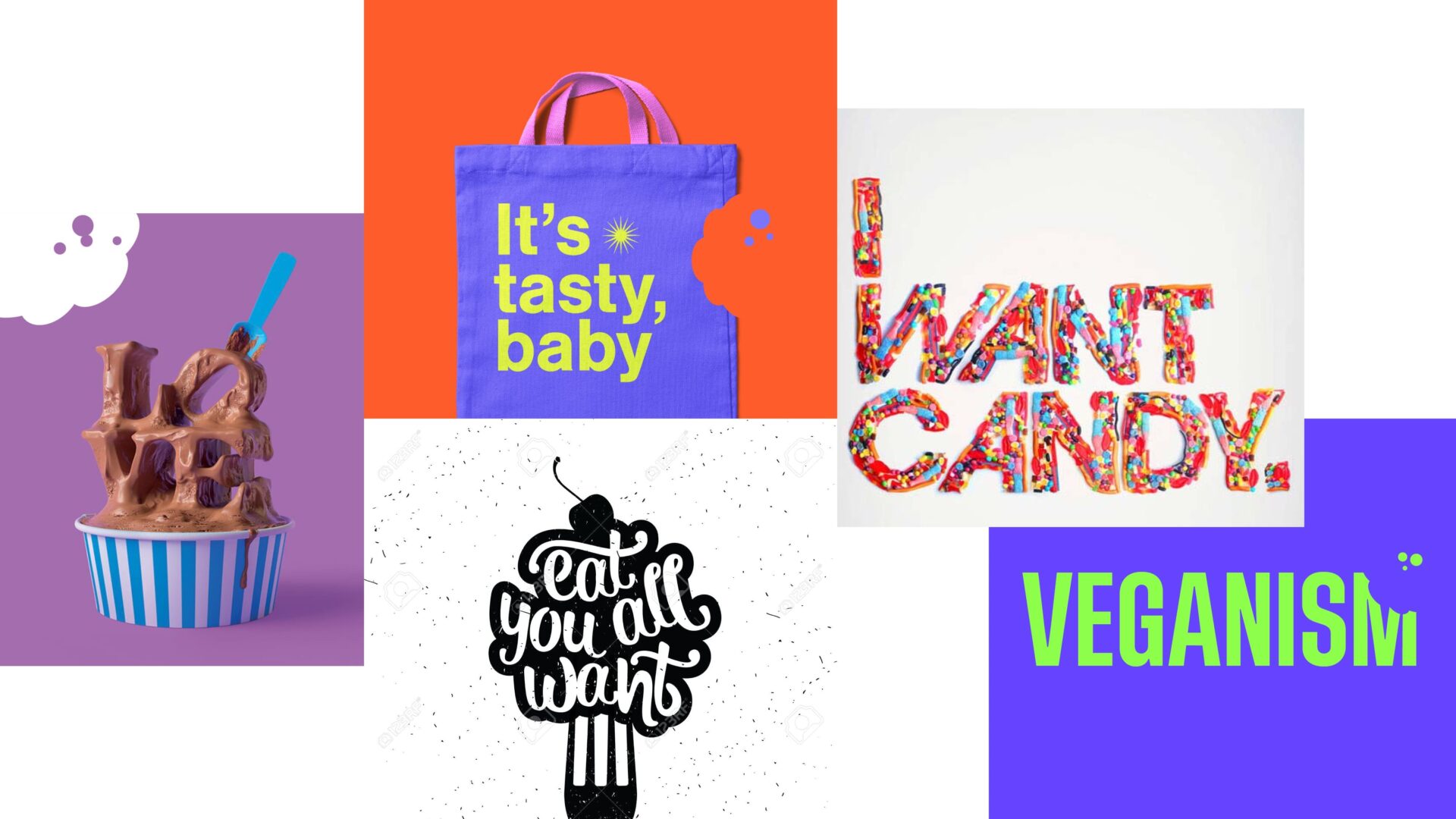 Branding samples featuring feed in word shapes and bites takes out of words