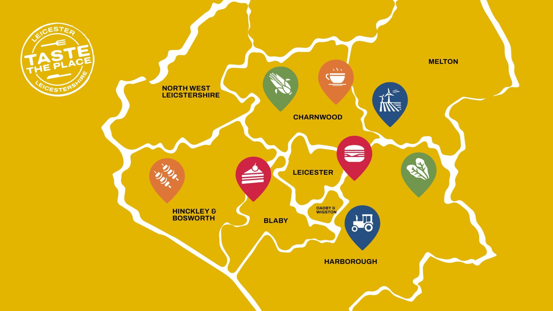 A map of Leicestershire with map markers showing places to eat in nearby towns