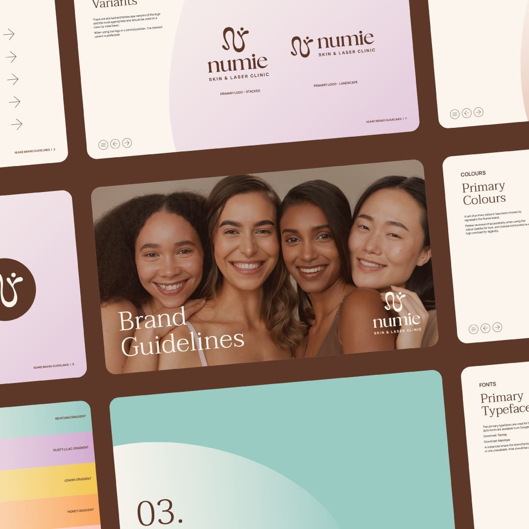 A visual showcasing the updated Numie brand guidelines, this includes new logo, colours and imagery