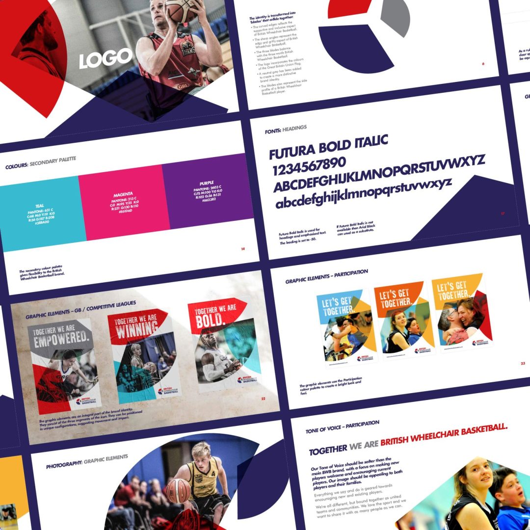 British Wheelchair Basketball brand guidelines, colours and fonts visuals