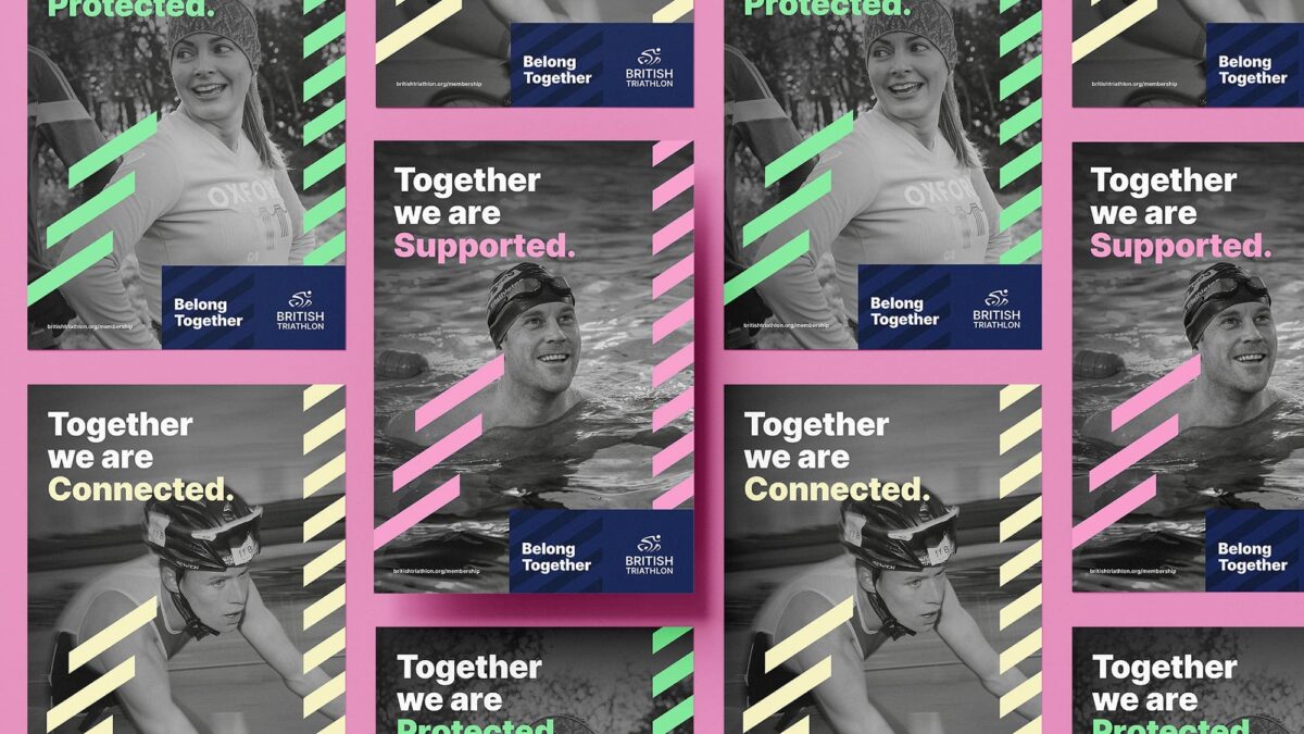 A range of posters for British Triathlon showing the message Together we are...