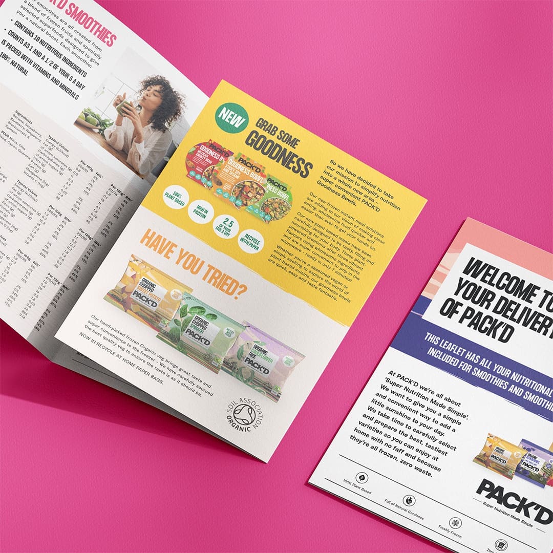 Visual showcasing the four page fold leaflet sent out in PACKD orders