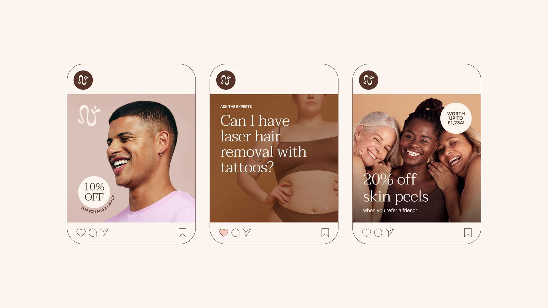 Example social media posts in the new branding, using new branding, colours, typography and imagery