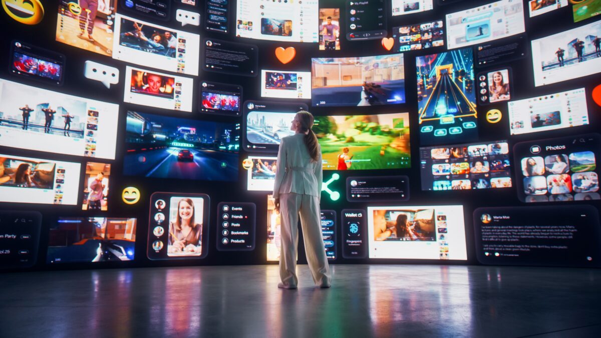 Backview of woman connecting to animated stream of content