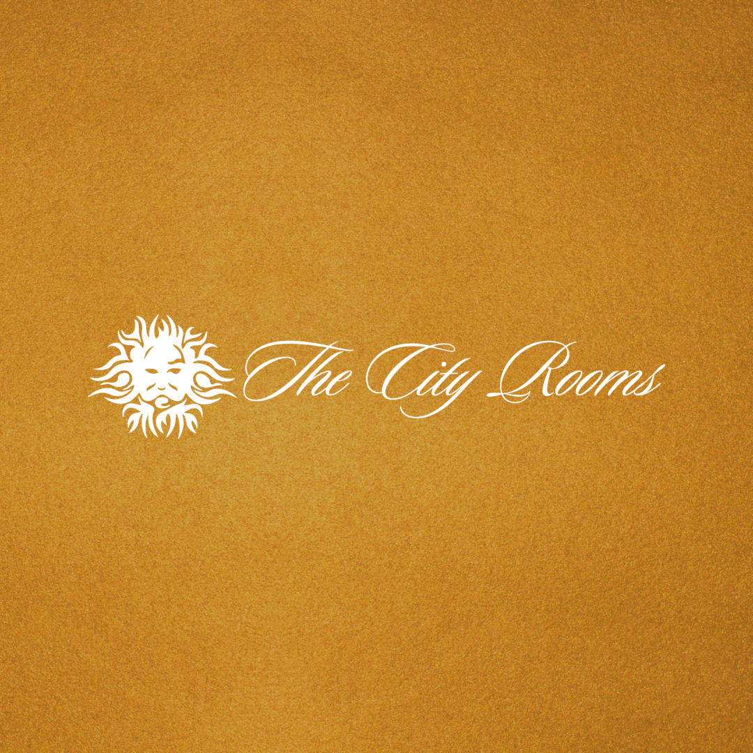 White logo for The City Rooms on metallic gold background