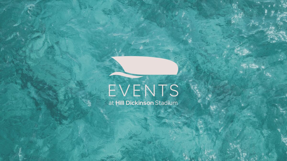 Events at Hill Dickinson Stadium logo onto of an image of teal blue water