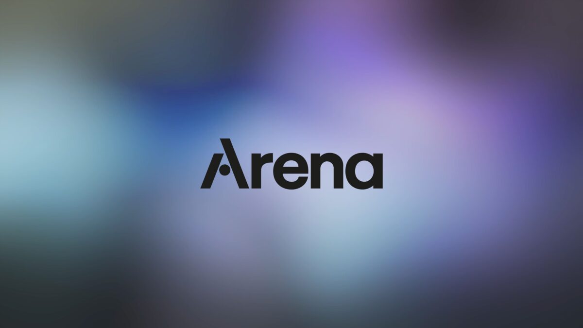Arena logo over morphing gradients of blue and purple
