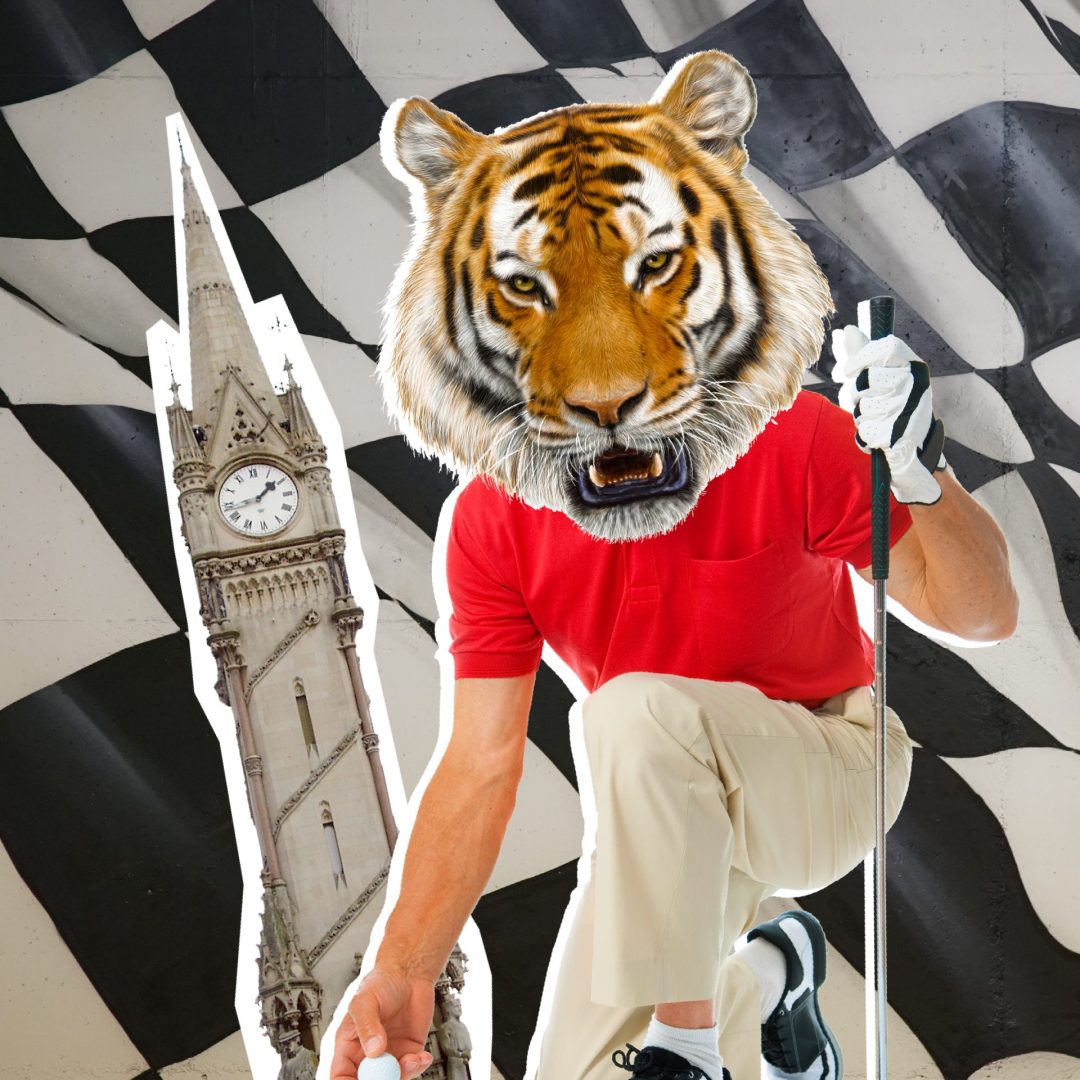 Caddyshackers Crazy Crazy Golf brand assets - cut outs of golfer with a tiger's head and Leicester's Clock Tower