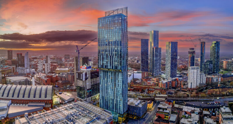 Aerial night view of Manchester City centre