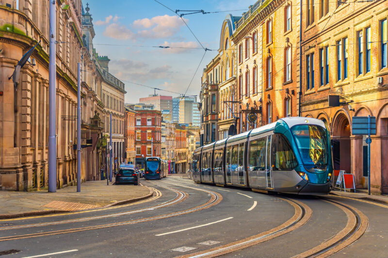 Tram in downtown Nottingham city